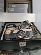 Watch box containing various modern fashion watches to include 2 Hugo Boss examples, Calvin Klein, M