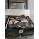 Watch box containing various modern fashion watches to include 2 Hugo Boss examples, Calvin Klein, M