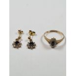 9ct yellow gold cluster ring sapphire and clear stone cluster ring, marked 375, size P, and pair sim