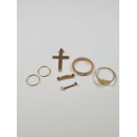 9ct gold band ring, size P, 9ct gold panel ring, 9ct gold cross, 9ct gold hoop earrings and 2 ring c