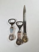 Of ship interest; two Danish silver bottle openers with Maersk line, Far East service, terminals. Al