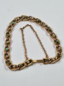 Edwardian 9ct yellow gold link bracelet set with alternating seed pearls and turquoise, marked 9ct,