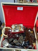 Box of vintage costume jewellery to include bead necklaces, brooches, watches, etc