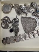 Tray of silver and white metal costume jewellery including panel bracelet silver hoop earrings, silv