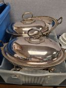 Two boxes of assorted silver plate including hot water vegetable dishes