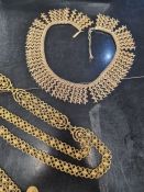 Gilt metal decorative collar necklace and 2 ceremonial belts hung with Elizabeth II token