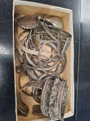 Tray of silver and white metal jewellery to include tribal cuff bangle, Egyptian hinged bangle Zeeta