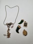 Silver neck chains, plated pendants suspending green hardstone tooth, plated locket etc