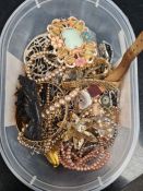 Box of vintage costume jewellery to include rolled gold hinged engraved bangle, watches, a jet brooc