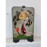 An Art Deco style hand painted fire screen decorated Geisha girl with parasol