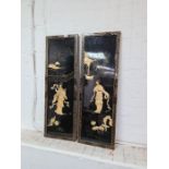 A pair of Chinese style oblong lacquer plaques decorated figures