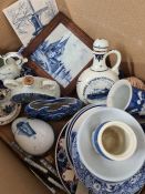 A box of mixed blue and white china and sundry