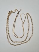 Two 9ct yellow gold neck chains, one a belcher, the other a flat link example, both marked 375, appr
