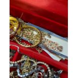 Jewellery box containing various vintage costume jewellery including cufflinks, rolled gold bangles,