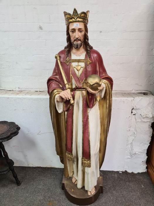 Large plaster figure of Jesus Christ holding Orb and Sceptre approx 4.5ft height