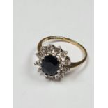 9ct yellow gold sapphire and diamond cluster ring, marked 375, size L, together with a 9ct gold half