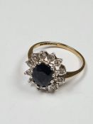 9ct yellow gold sapphire and diamond cluster ring, marked 375, size L, together with a 9ct gold half