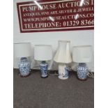 Three modern Chinese style blue and white table lamps and one other Delft style lamp