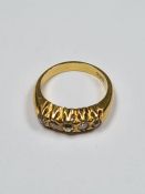 Antique 18ct yellow gold ring set with 5 graduating round cut diamonds, size K, marked 18ct, approx