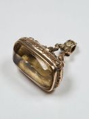 Victorian yellow Citrine fob, with large mixed cut Citrine, 2.5cm x 1.5cm approx surrounded engraved