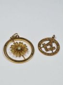 Antique 15ct yellow gold circular pendant with flower head detail and central opal, marked 15ct, 2cm