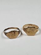 Two 9ct gold gents signet rings, one with rectangular panel on stepped shoulders, both size W, both