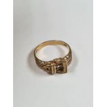 9ct yellow gold buckle ring of pierced style, size S, marked 375, London maker AK, approx 2.62g