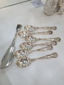 A set of six silver teaspoons having initialled handle and silver embossed details. Hallmarked Londo