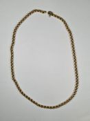 Yellow gold belcher chain, AF, 49cm approx. Clasp broken, missing central link, unmarked, probably