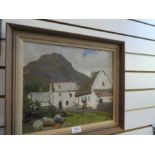 Letitia Marion Hamilton, 1878 -1964. An Irish oil on board painting of farm buildings with mountain