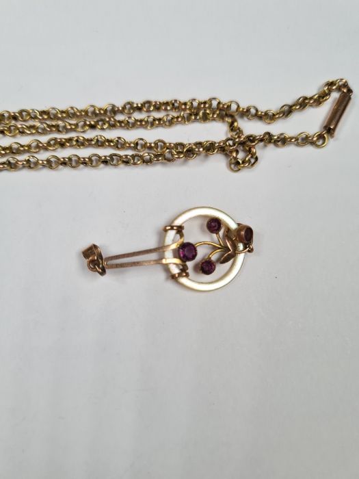 Unmarked yellow metal belcher chain, AF, broken and a 9ct gold amethyst and mother of pearl set pend - Image 2 of 2