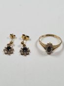 9ct yellow gold cluster ring sapphire and clear stone cluster ring, marked 375, size P, and pair sim
