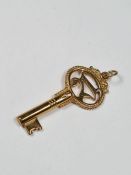 9ct yellow gold pendant/charm in the form of a key, marked 375, London maker FM, 3cm, approx 1.3g