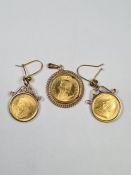 Pair of 9ct gold mounted 22ct gold 1/10oz Krugerrands dated 1990 together with a 9ct gold mounted pe