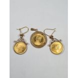 Pair of 9ct gold mounted 22ct gold 1/10oz Krugerrands dated 1990 together with a 9ct gold mounted pe