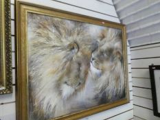 Lynne Davies, a modern oil of two lions titled Brothers, signed, 90cm x 69cm