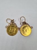 Pair of 9ct gold earrings each hung with a 22ct gold half Sovereign, dated 1909 and 1914 Edward VII
