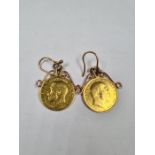 Pair of 9ct gold earrings each hung with a 22ct gold half Sovereign, dated 1909 and 1914 Edward VII