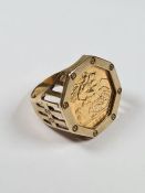 9ct gold ring with octagonal panel encasing a 1982 Half Sovereign, Young Elizabeth and George and th