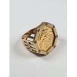 9ct gold ring with octagonal panel encasing a 1982 Half Sovereign, Young Elizabeth and George and th