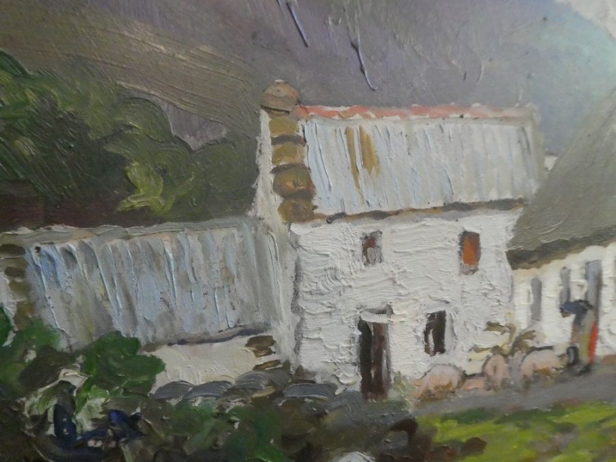 Letitia Marion Hamilton, 1878 -1964. An Irish oil on board painting of farm buildings with mountain - Image 3 of 8