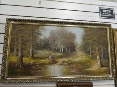 A late 20th Century oil of wooded scene, signed 100cm x 49.5cm
