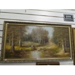A late 20th Century oil of wooded scene, signed 100cm x 49.5cm