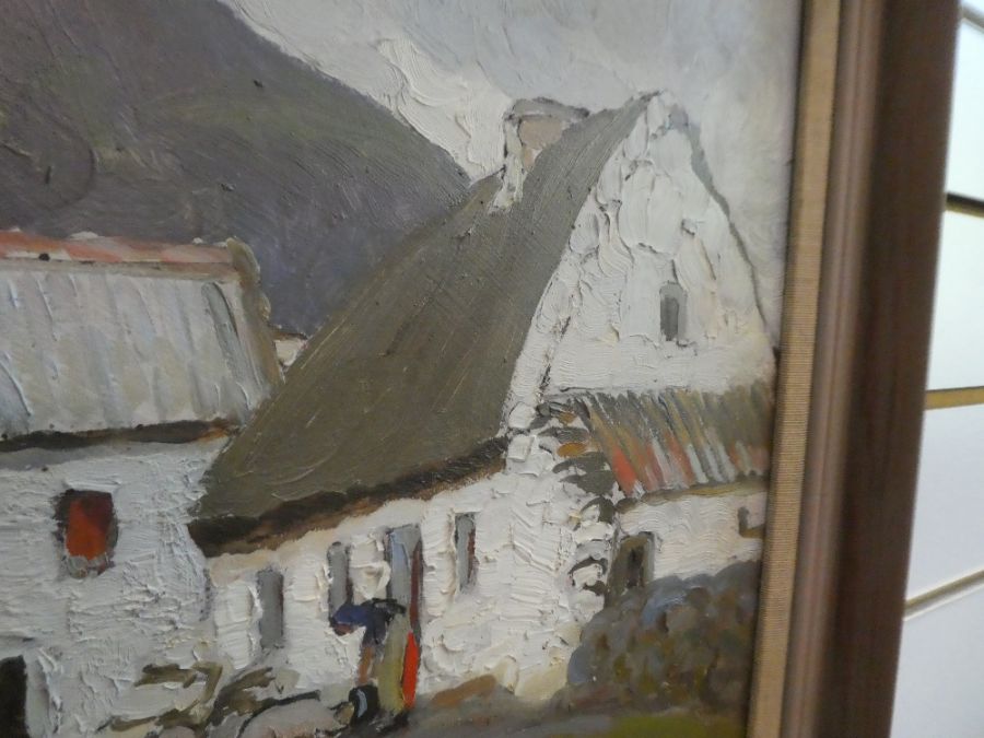 Letitia Marion Hamilton, 1878 -1964. An Irish oil on board painting of farm buildings with mountain - Image 2 of 8