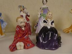 6 Royal Doulton figures to include 4 ladies and a figure of baby in blanket and one other of girl ho