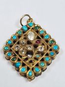 Yellow metal diamond shaped pendant inset turquoise pearl, ruby, white sapphire, etc, 3cm