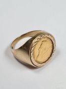 9ct gold ring with circular panel mounting 22ct gold 1/10oz Krugerrand, dated 1981, size S, approx 7