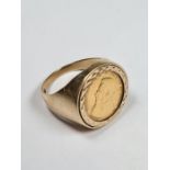 9ct gold ring with circular panel mounting 22ct gold 1/10oz Krugerrand, dated 1981, size S, approx 7