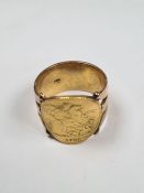 9ct gold ring with curved panel formed from 22ct full Sovereign dated 1911, George V and George and