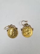 Two similar yellow metal earrings each hung with a 22ct full Sovereign dated 1907 and 1911, Edward V